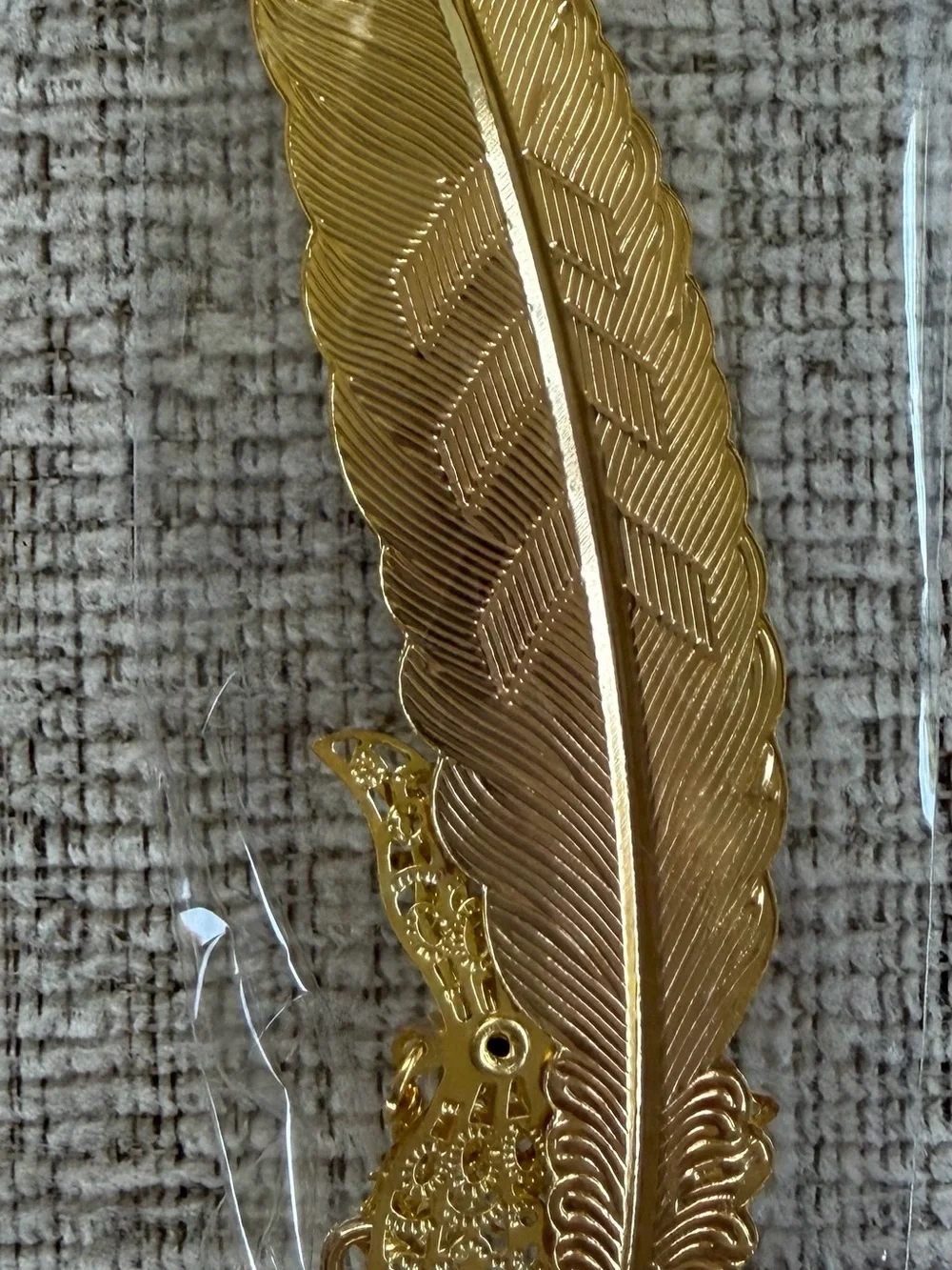 Gold Feather Bookmark with Decorative Blue Crystal Accent
